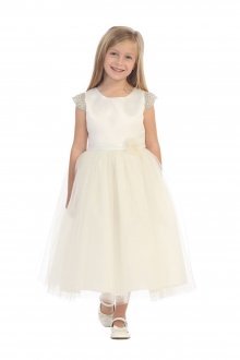 Ivory Satin Flower Girl Dress with Beaded Short Sleeves